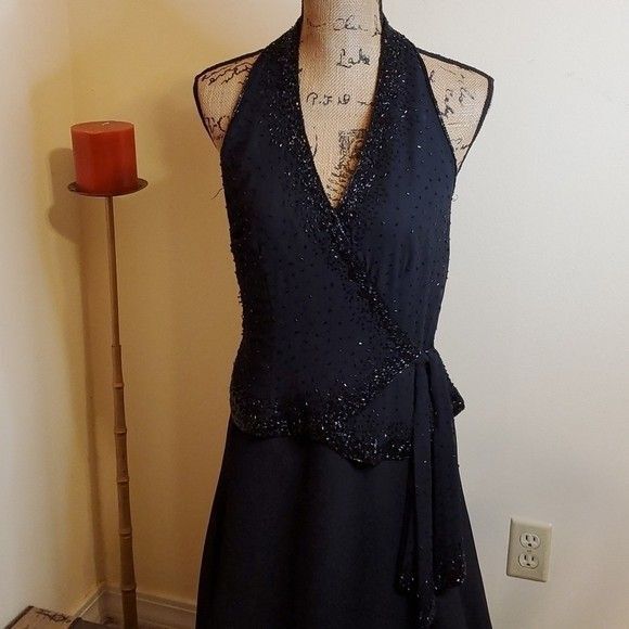 J Kara black beaded chiffon maxi gown size 6 - Picture 4 of 14